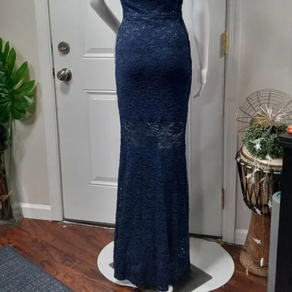NWOT Quiz Bardot Embellished Sequin Cocktail Formal Prom Gown Navy Blue 4 - Picture 6 of 12
